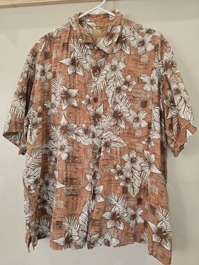 Caribbean Hawaiian XL Aloha Shirt Hibiscus Palm Leaves Post Card Tropical Silk